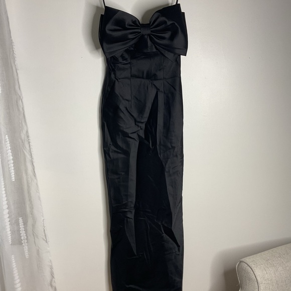 ALFRED SUNG Strapless Satin Black Column Maxi Dress with Bow NWT size 00 - Picture 5 of 14